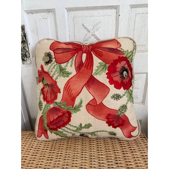 Vintage MCM Accent Pillow Linen Embroidered Red Poppy Flowers Bow 17x17" - Picture 1 of 11